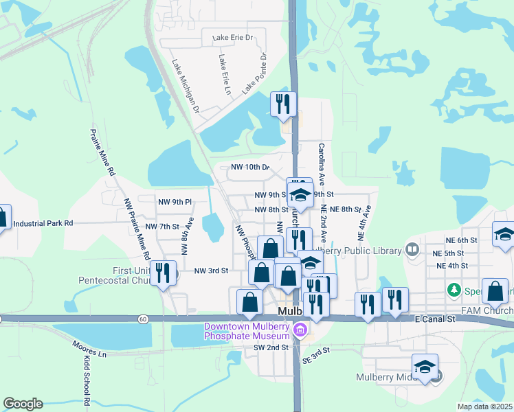 map of restaurants, bars, coffee shops, grocery stores, and more near 305 Northwest 8th Street in Mulberry