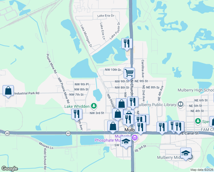map of restaurants, bars, coffee shops, grocery stores, and more near 411 Northwest 9th Street in Mulberry