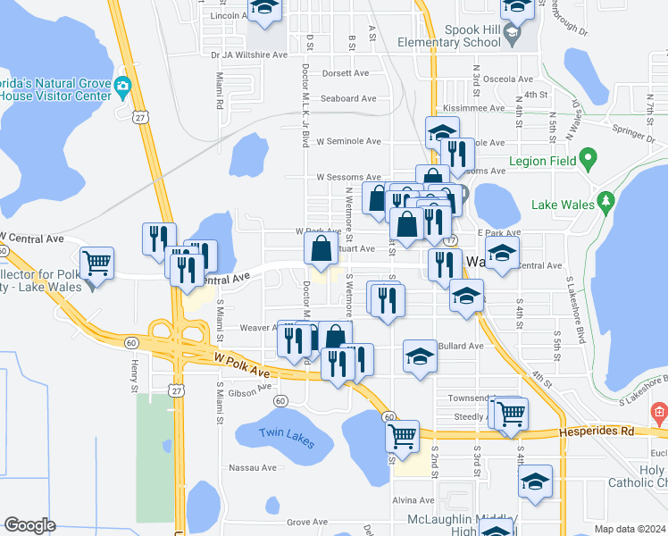 map of restaurants, bars, coffee shops, grocery stores, and more near 5 South Phillips Street in Lake Wales