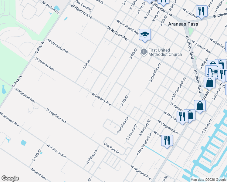 map of restaurants, bars, coffee shops, grocery stores, and more near 962 South 9th Street in Aransas Pass