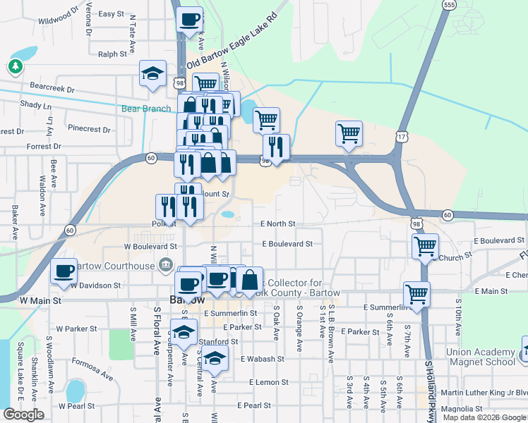 map of restaurants, bars, coffee shops, grocery stores, and more near 650 Travis Court in Bartow