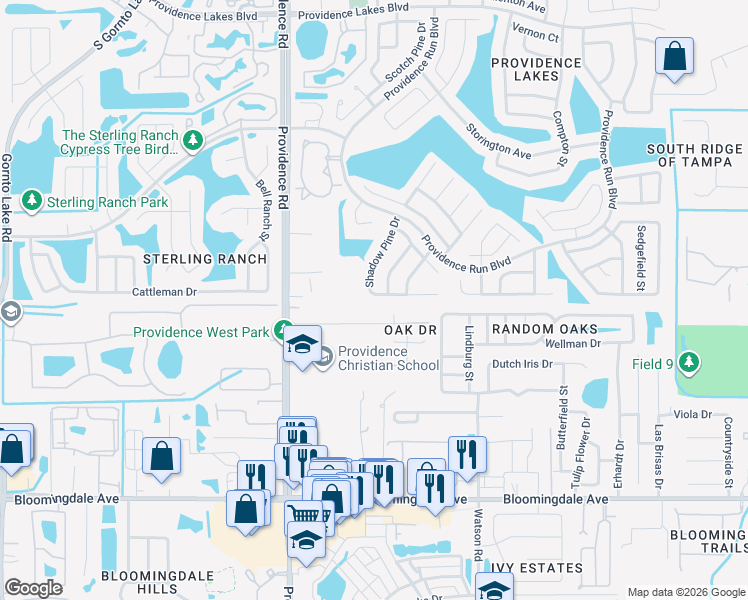 map of restaurants, bars, coffee shops, grocery stores, and more near 2043 Shadow Pine Drive in Brandon