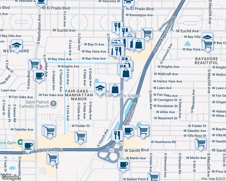 map of restaurants, bars, coffee shops, grocery stores, and more near 4508 South Oak Drive in Tampa