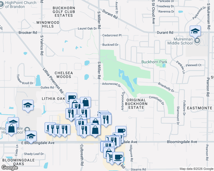 map of restaurants, bars, coffee shops, grocery stores, and more near 2409 Arborwood Drive in Valrico