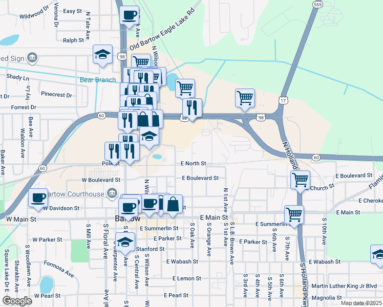 map of restaurants, bars, coffee shops, grocery stores, and more near 650 Travis Court in Bartow
