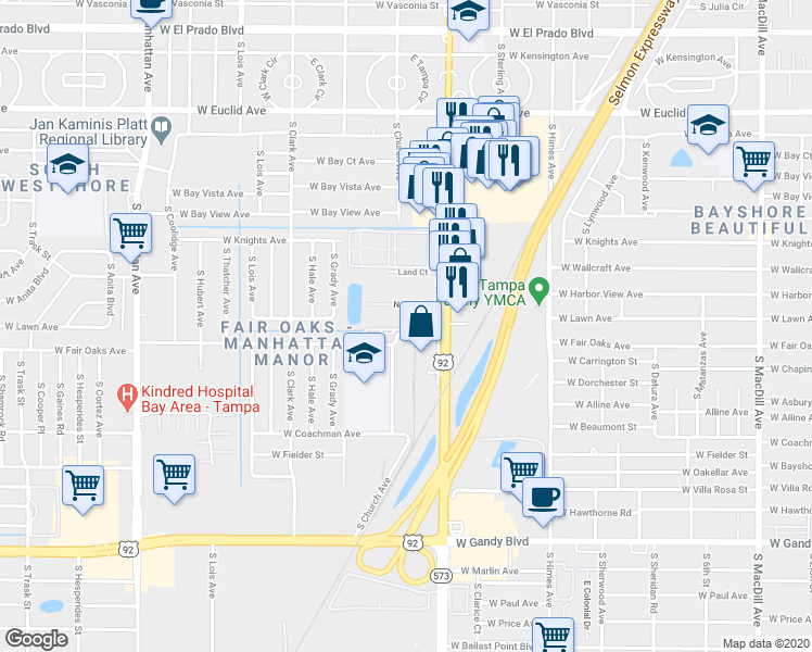 map of restaurants, bars, coffee shops, grocery stores, and more near 4508 South Oak Drive in Tampa