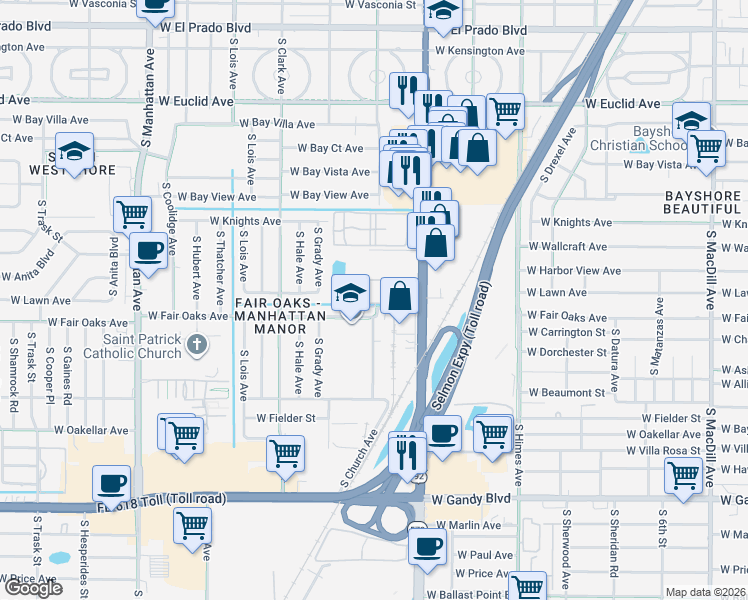 map of restaurants, bars, coffee shops, grocery stores, and more near 3812 North Oak Drive in Tampa