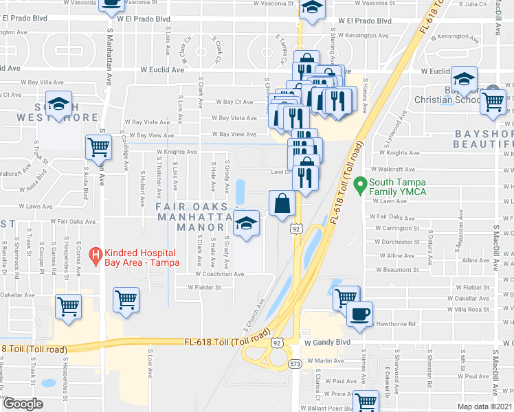 map of restaurants, bars, coffee shops, grocery stores, and more near 3812 North Oak Drive in Tampa