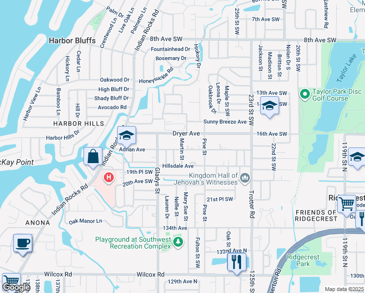 map of restaurants, bars, coffee shops, grocery stores, and more near 1684 Martin Street in Largo