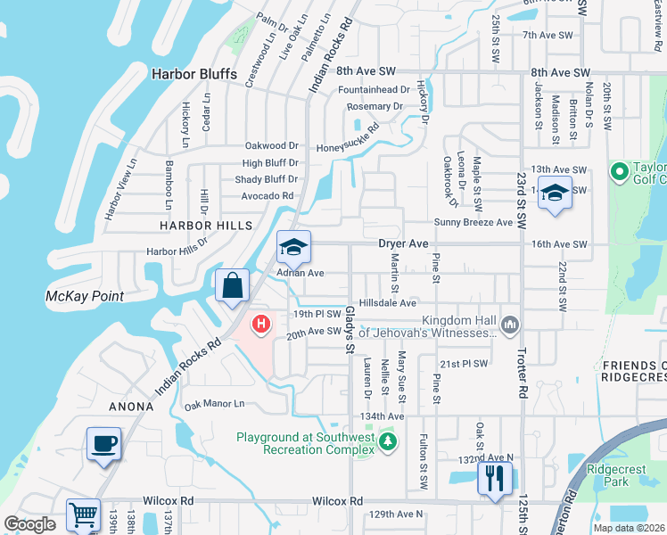 map of restaurants, bars, coffee shops, grocery stores, and more near 3321 Adrian Avenue in Largo