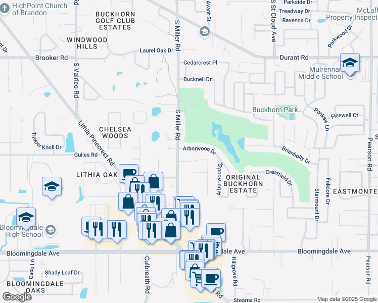 map of restaurants, bars, coffee shops, grocery stores, and more near 2408 Arborwood Drive in Valrico