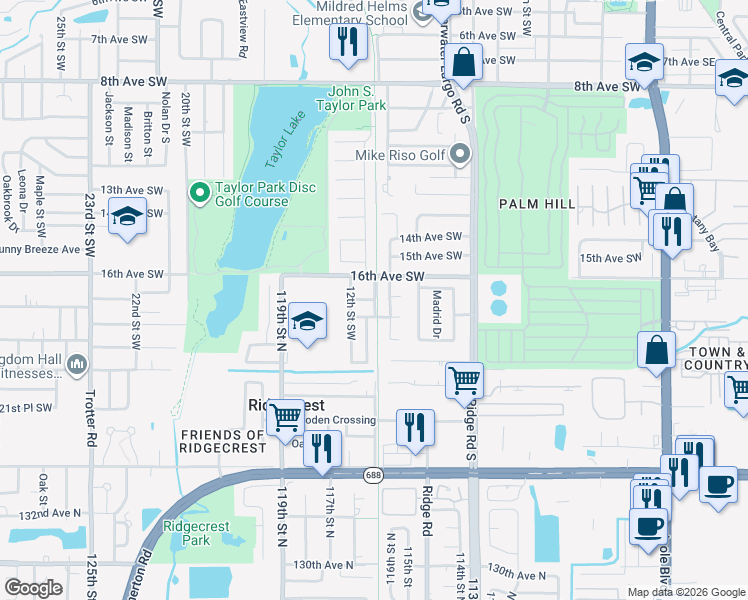map of restaurants, bars, coffee shops, grocery stores, and more near 1644 10th Way Southwest in Largo