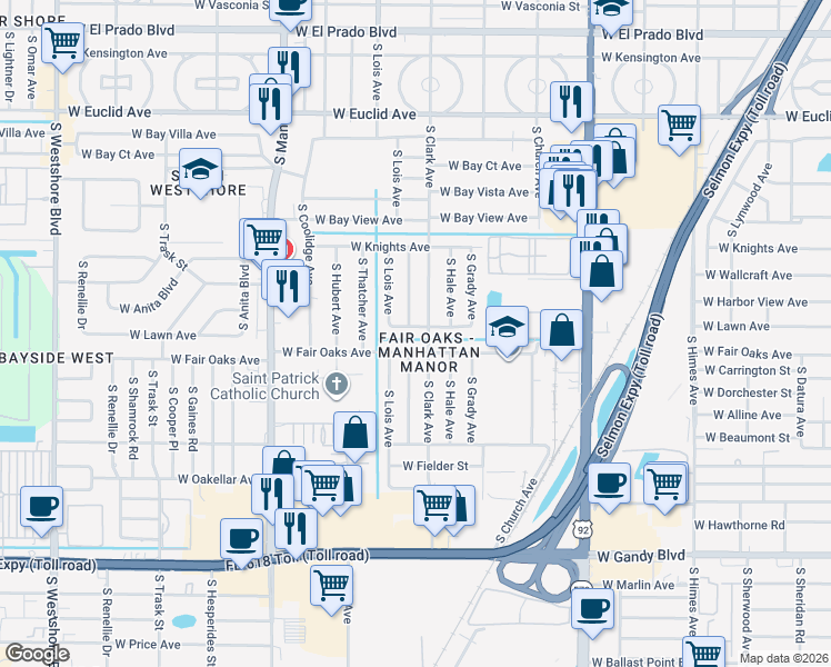 map of restaurants, bars, coffee shops, grocery stores, and more near 4107 West Lawn Avenue in Tampa