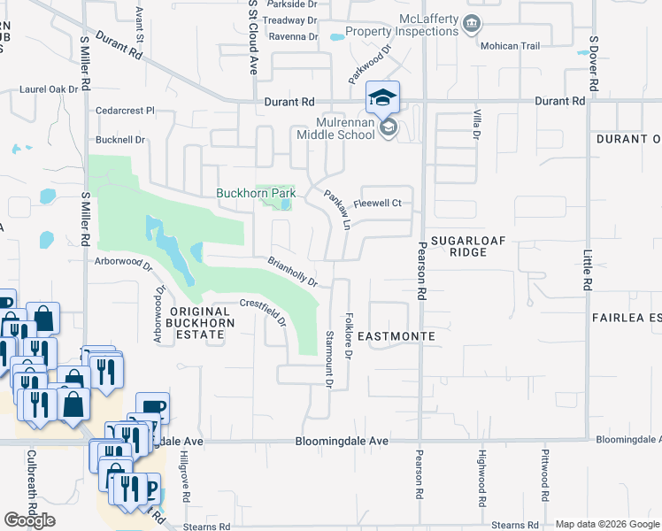 map of restaurants, bars, coffee shops, grocery stores, and more near 4131 Balington Drive in Valrico