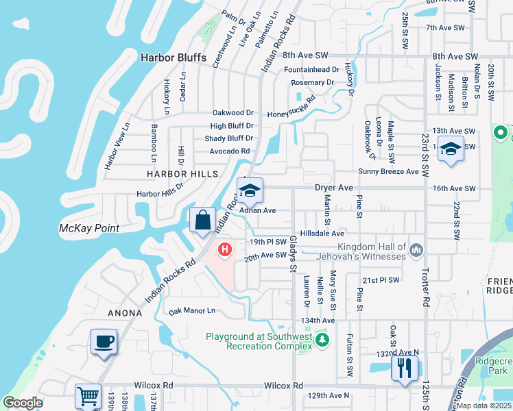 map of restaurants, bars, coffee shops, grocery stores, and more near 3445 Adrian Avenue in Largo