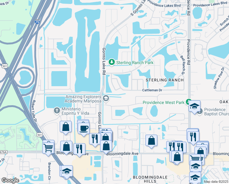 map of restaurants, bars, coffee shops, grocery stores, and more near 2034 Wrangler Drive in Brandon
