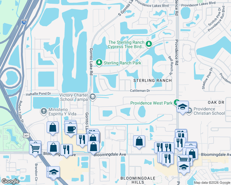 map of restaurants, bars, coffee shops, grocery stores, and more near 2308 Cattleman Drive in Brandon
