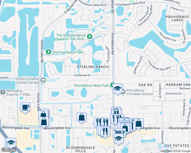map of restaurants, bars, coffee shops, grocery stores, and more near 2016 Cattleman Drive in Brandon