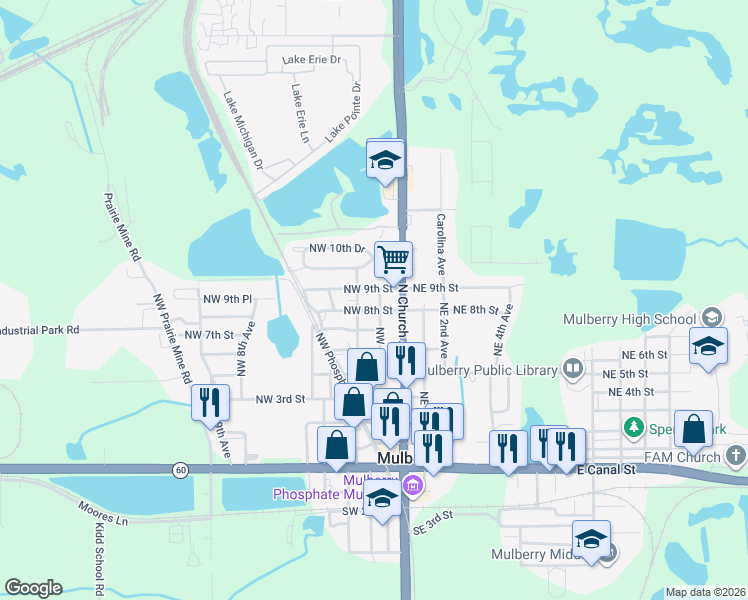 map of restaurants, bars, coffee shops, grocery stores, and more near 200 Northwest 9th Street in Mulberry