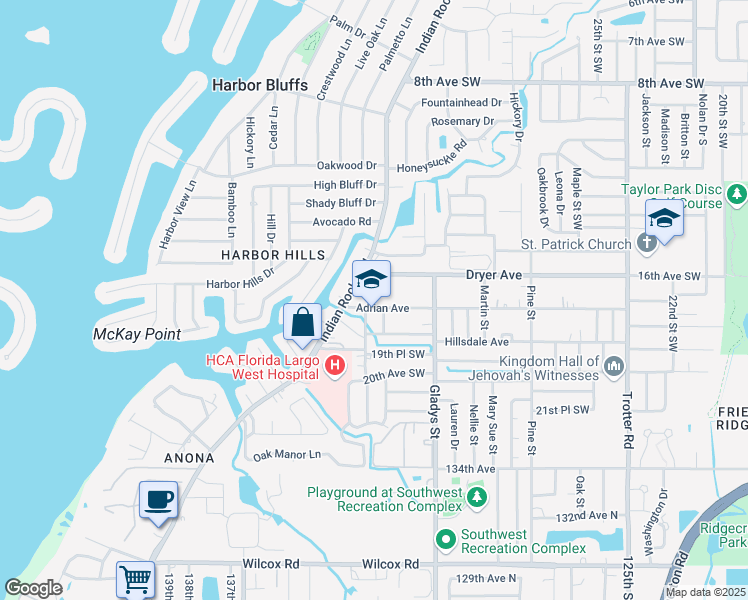 map of restaurants, bars, coffee shops, grocery stores, and more near 3445 Adrian Avenue in Largo