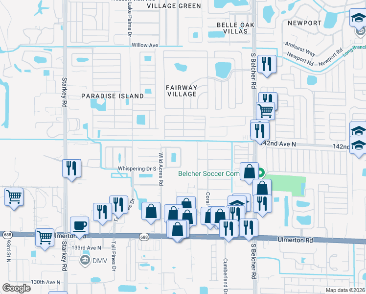 map of restaurants, bars, coffee shops, grocery stores, and more near 1701 Whispering Drive North in Largo