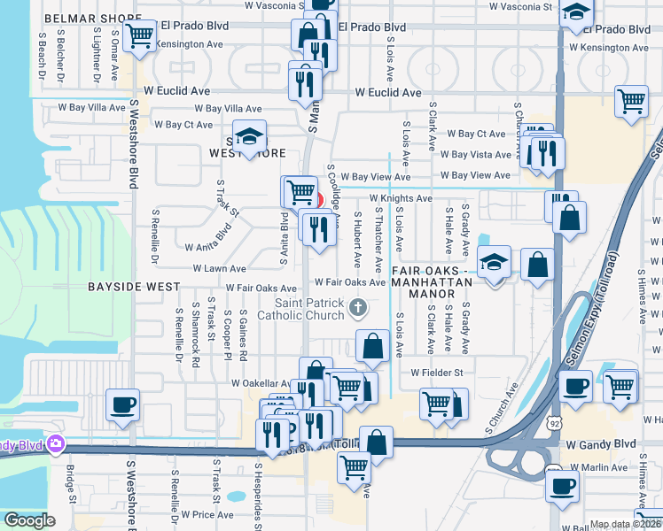 map of restaurants, bars, coffee shops, grocery stores, and more near 4333 South Coolidge Avenue in Tampa
