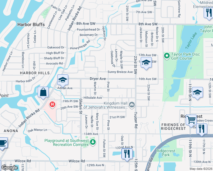 map of restaurants, bars, coffee shops, grocery stores, and more near 1674 Pine Street in Largo