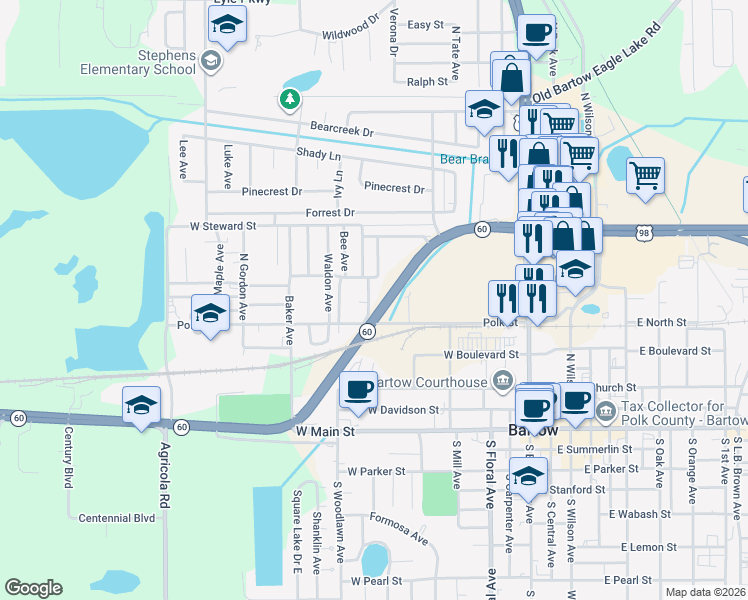 map of restaurants, bars, coffee shops, grocery stores, and more near 735 Childs Avenue in Bartow