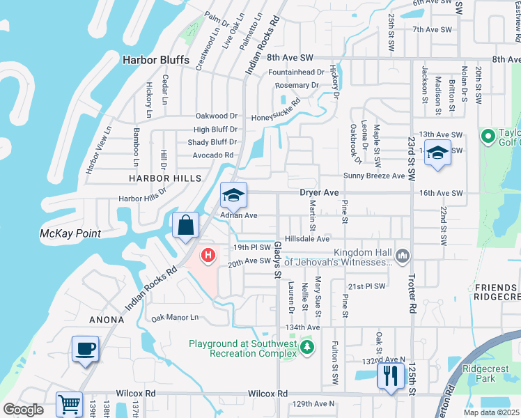 map of restaurants, bars, coffee shops, grocery stores, and more near 3321 Adrian Avenue in Largo