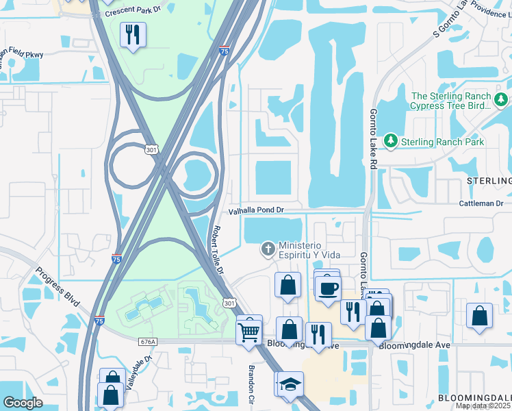map of restaurants, bars, coffee shops, grocery stores, and more near 4980 Pond Ridge Drive in Riverview