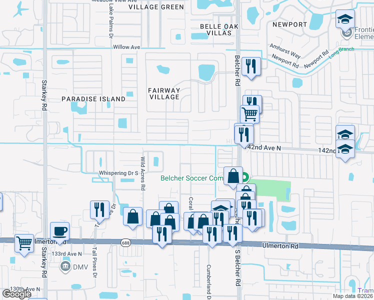 map of restaurants, bars, coffee shops, grocery stores, and more near 1612 Coral Way in Largo