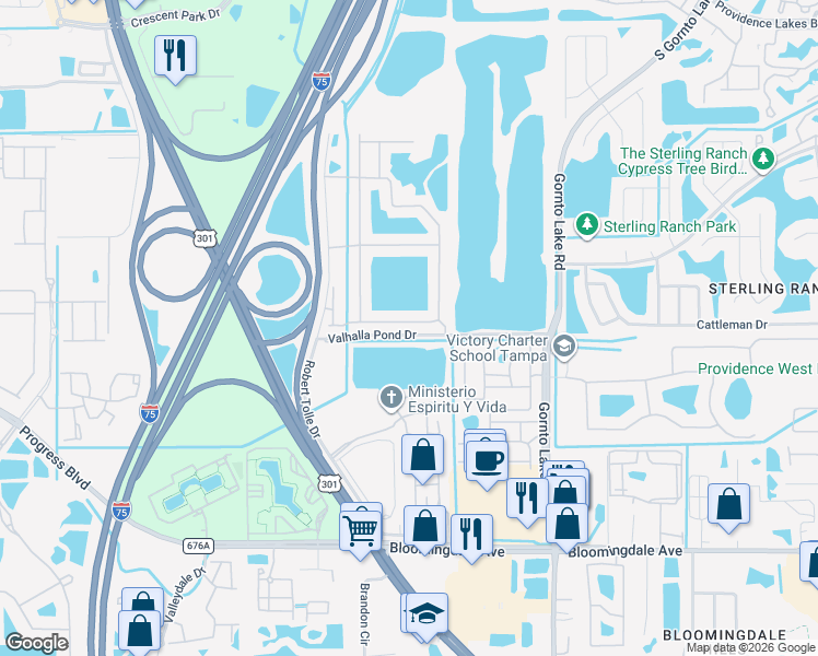 map of restaurants, bars, coffee shops, grocery stores, and more near 4930 Pond Ridge Drive in Riverview