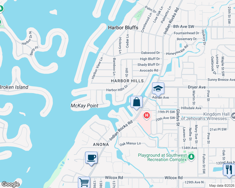 map of restaurants, bars, coffee shops, grocery stores, and more near 1697 McKay Creek Drive in Largo