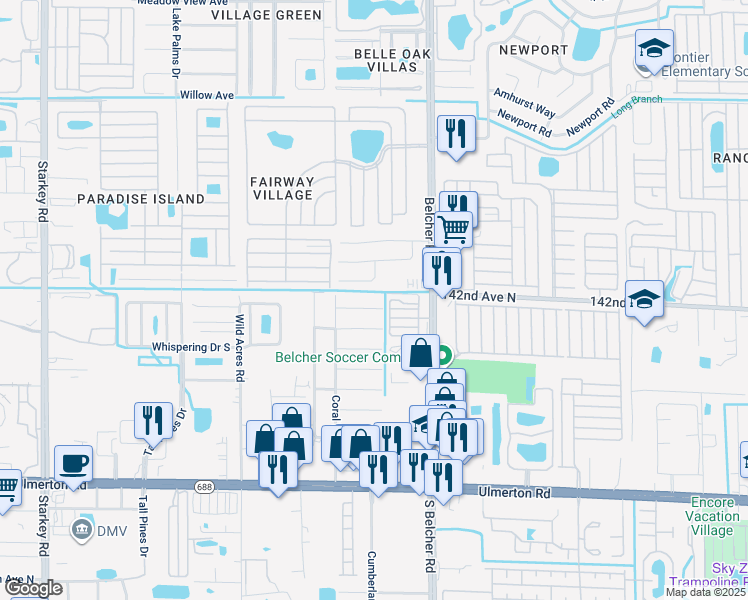 map of restaurants, bars, coffee shops, grocery stores, and more near 3683 141st Place North in Largo