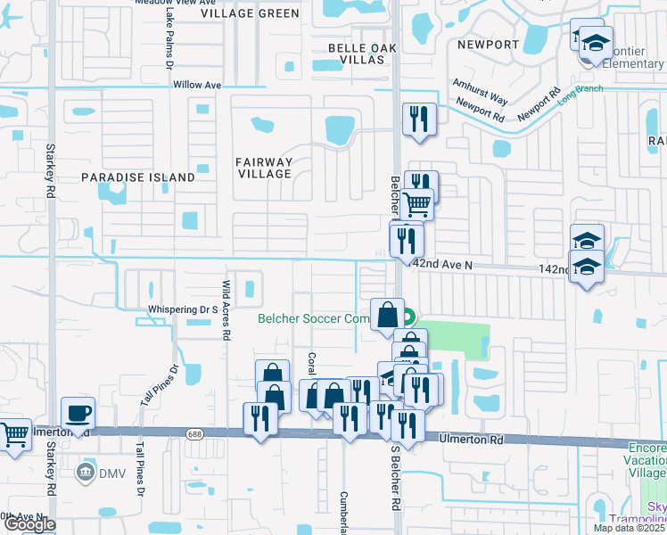 map of restaurants, bars, coffee shops, grocery stores, and more near 3683 141st Place North in Largo