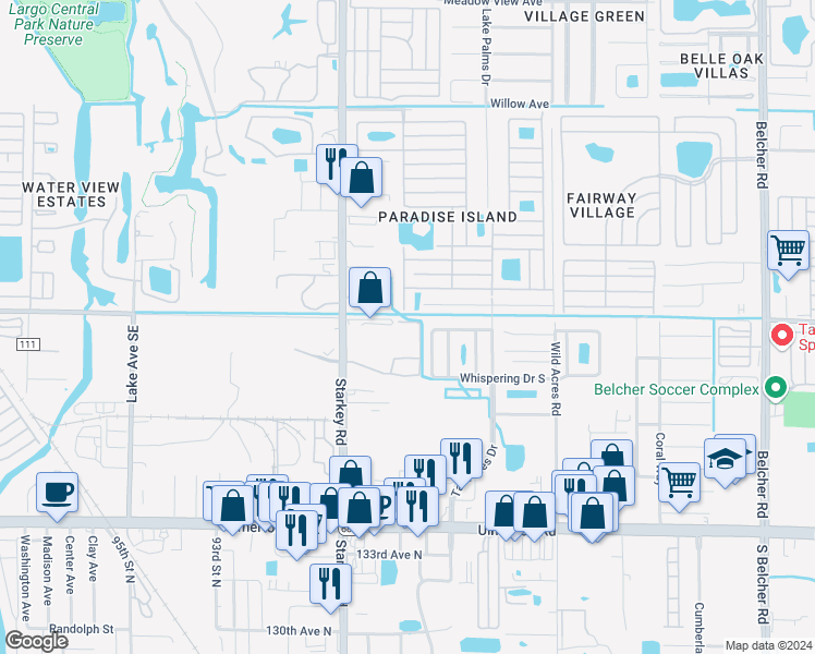map of restaurants, bars, coffee shops, grocery stores, and more near 14109 Christie Drive in Largo