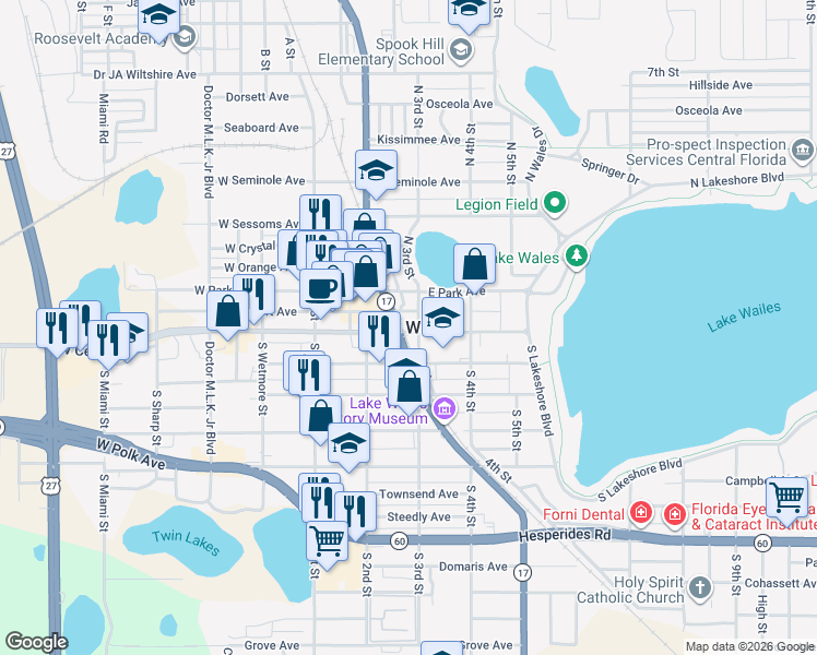 map of restaurants, bars, coffee shops, grocery stores, and more near in Lake Wales