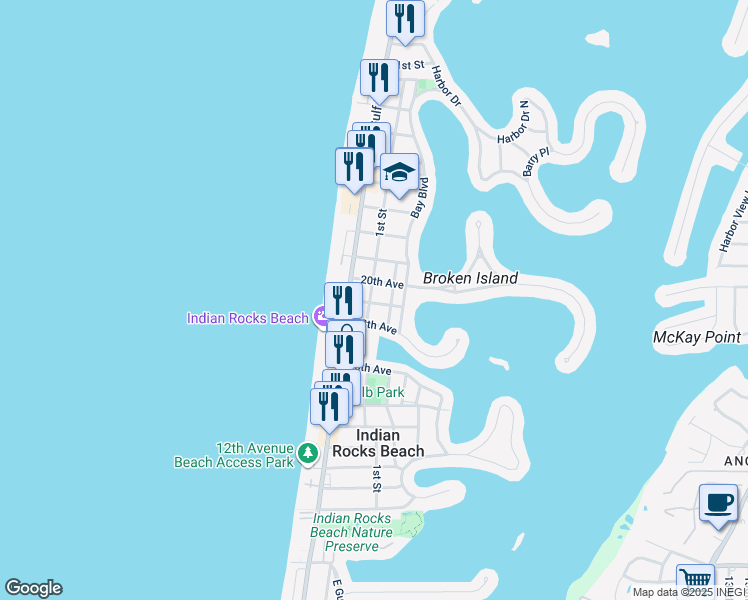 map of restaurants, bars, coffee shops, grocery stores, and more near 1901 1st Street in Indian Rocks Beach