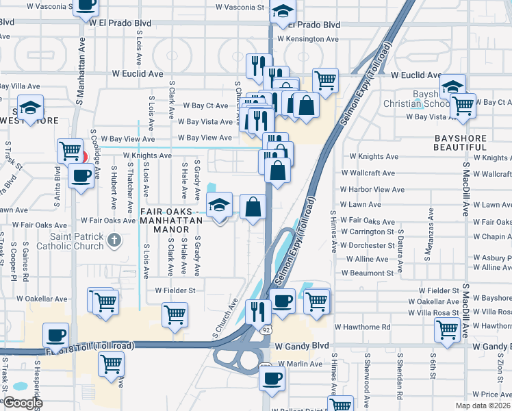 map of restaurants, bars, coffee shops, grocery stores, and more near 3806 North Oak Drive in Tampa