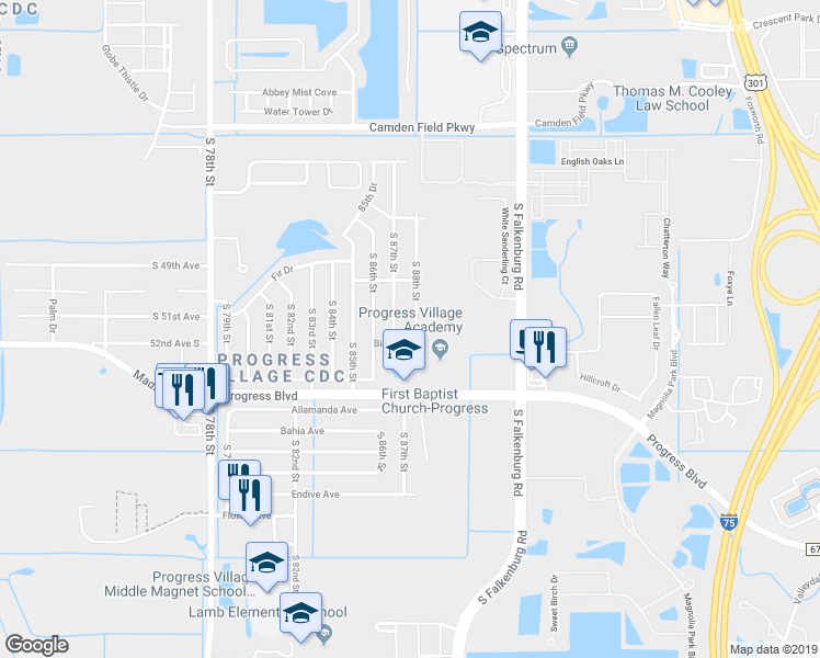 map of restaurants, bars, coffee shops, grocery stores, and more near 5019 South 88th Street in Tampa