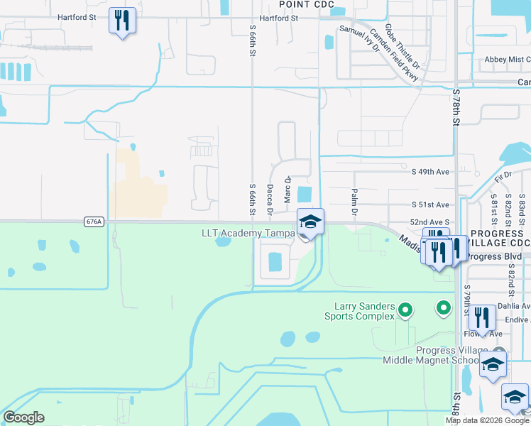 map of restaurants, bars, coffee shops, grocery stores, and more near 5113 Dacca Drive in Tampa