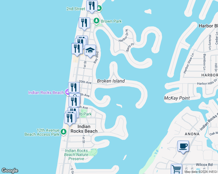 map of restaurants, bars, coffee shops, grocery stores, and more near 423 20th Avenue in Indian Rocks Beach