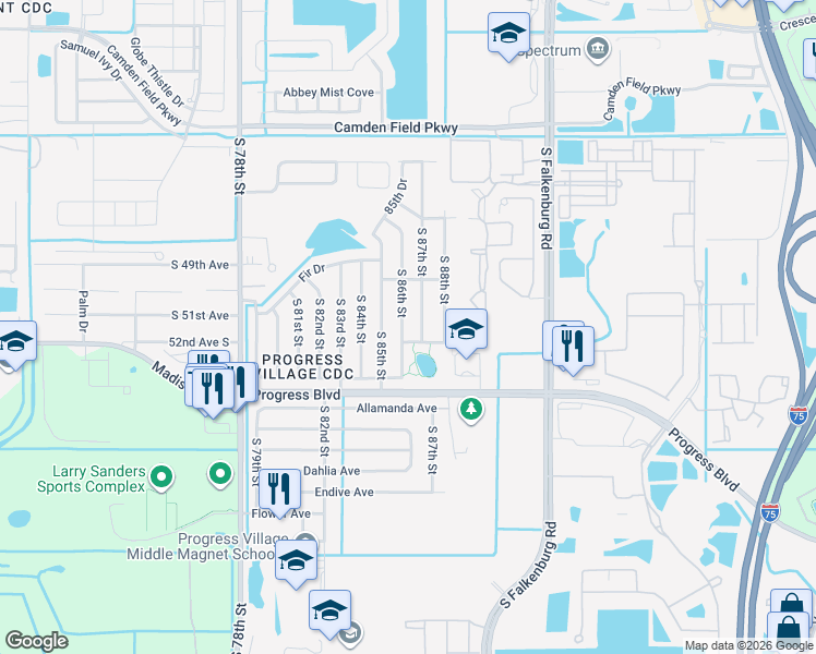 map of restaurants, bars, coffee shops, grocery stores, and more near 5020 South 86th Street in Tampa