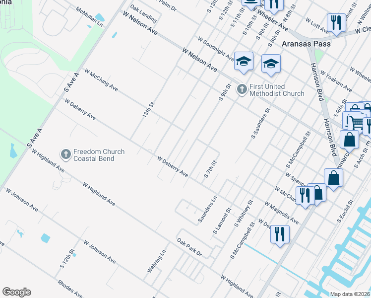 map of restaurants, bars, coffee shops, grocery stores, and more near 962 South 9th Street in Aransas Pass