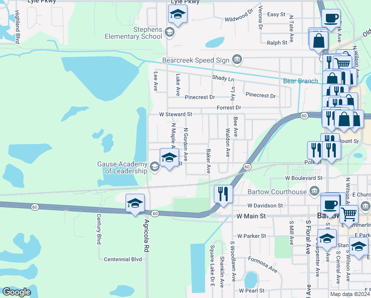 map of restaurants, bars, coffee shops, grocery stores, and more near 734 North Gordon Avenue in Bartow