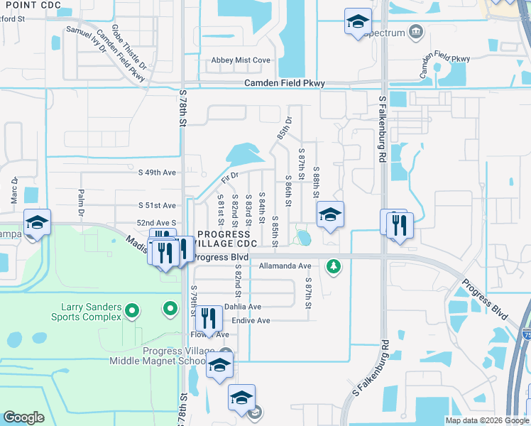 map of restaurants, bars, coffee shops, grocery stores, and more near 4928 South 84th Street in Tampa