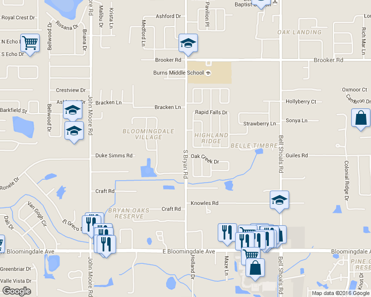 map of restaurants, bars, coffee shops, grocery stores, and more near 2910 South Bryan Road in Brandon