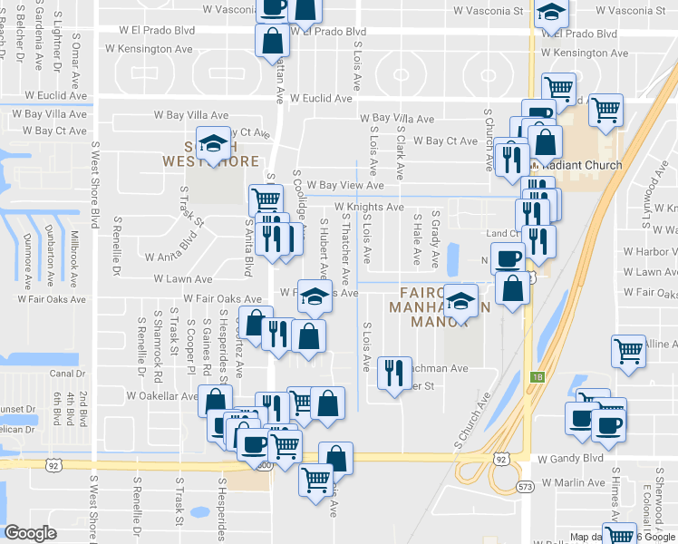 map of restaurants, bars, coffee shops, grocery stores, and more near 4325 South Thatcher Avenue in Tampa