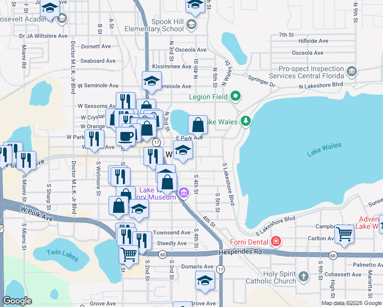 map of restaurants, bars, coffee shops, grocery stores, and more near 18 North 4th Street in Lake Wales