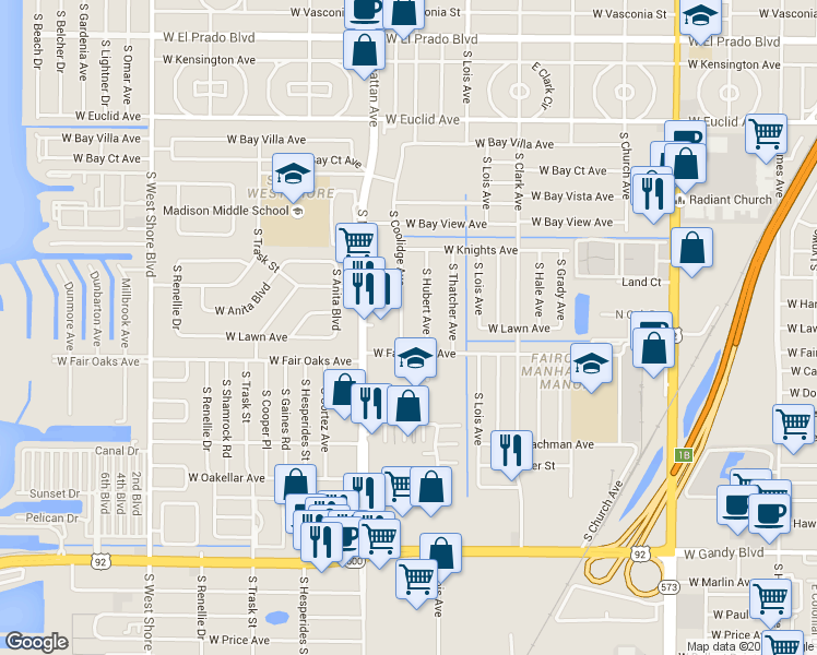map of restaurants, bars, coffee shops, grocery stores, and more near 4326 South Coolidge Avenue in Tampa